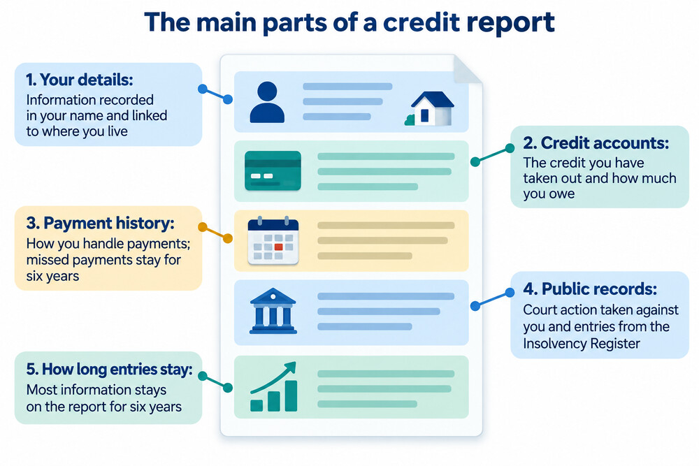 A credit report broken into its main sections: accounts, public records, searches and financial links