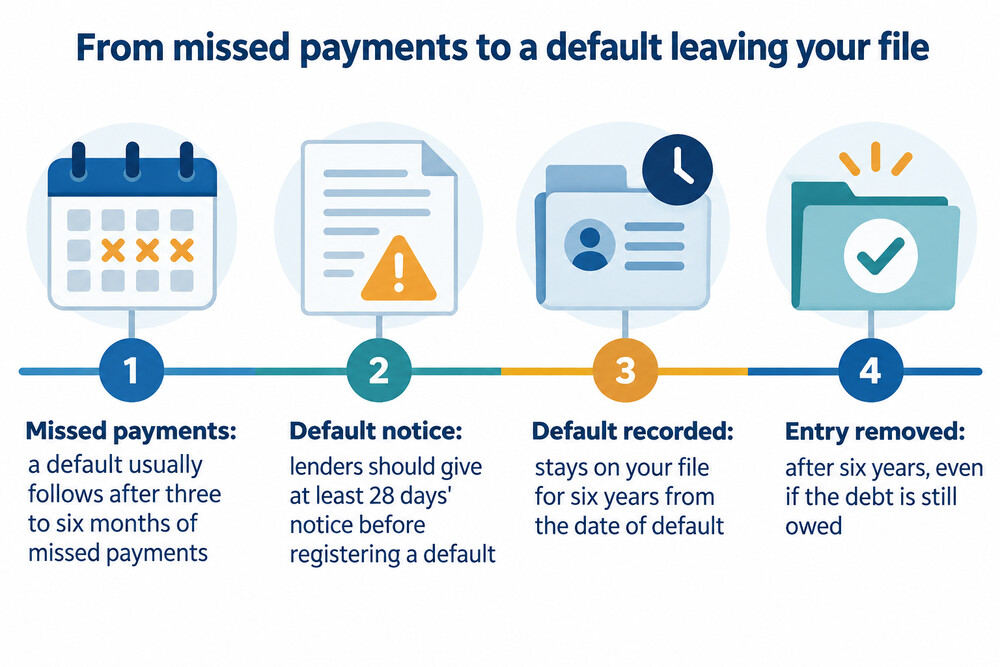 A timeline showing a missed payment, a default notice, the default and the entry dropping off six years later