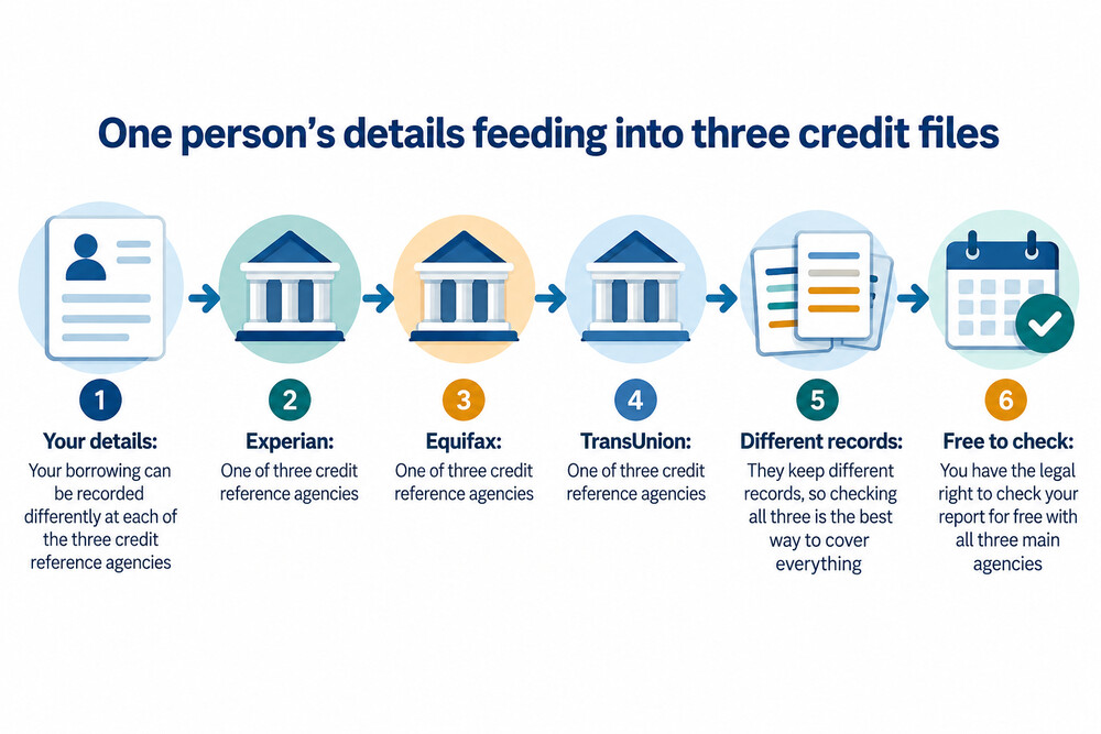 A diagram showing one person's details feeding into three separate credit files held by Experian, Equifax and TransUnion