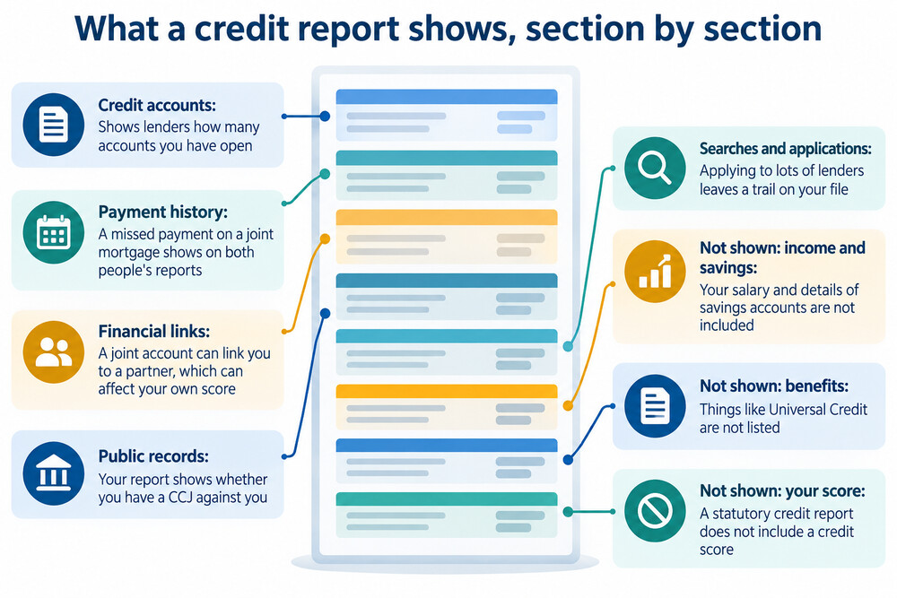 A credit report opened out into its main sections: accounts, public records, electoral roll, financial associations and searches