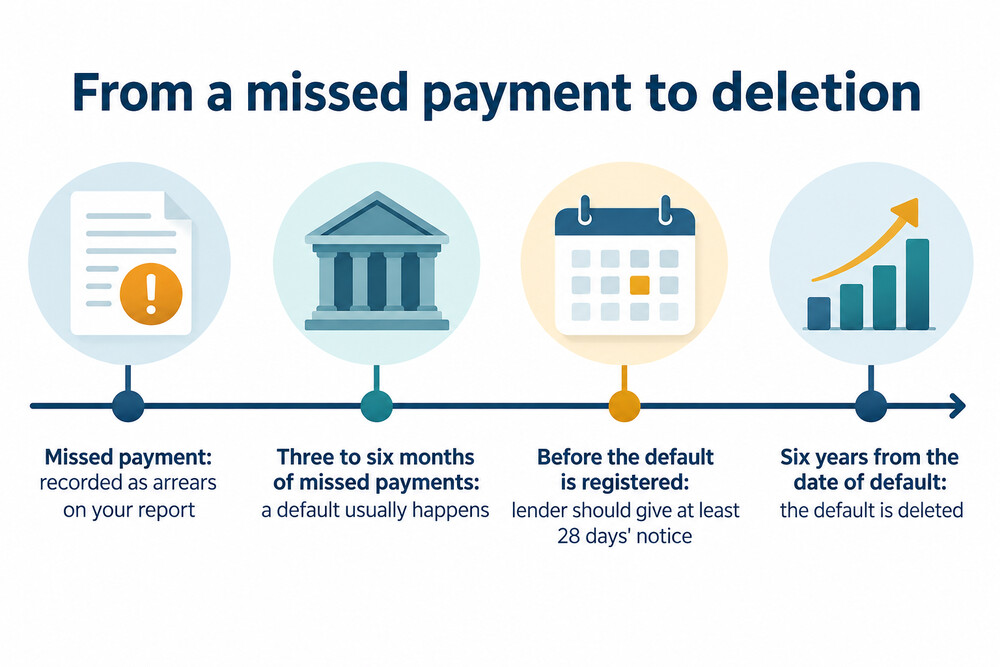 How a missed payment moves through a credit file, from arrears to default to deletion