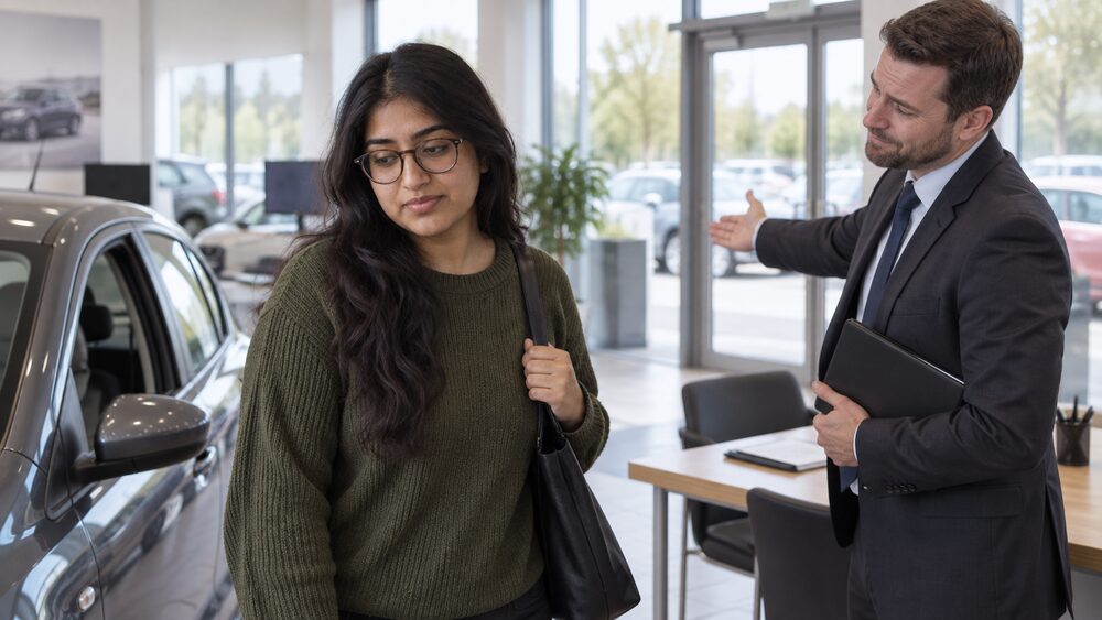 A young woman stands by a car as a salesman gestures towards the door.
