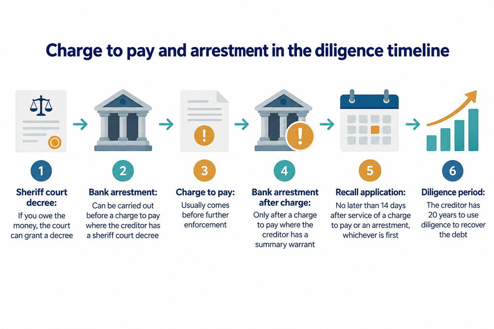 How a charge to pay and an arrestment sit in the diligence timeline