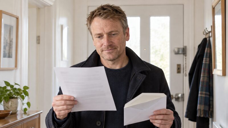 A person reading a letter from a sheriff court about a decree