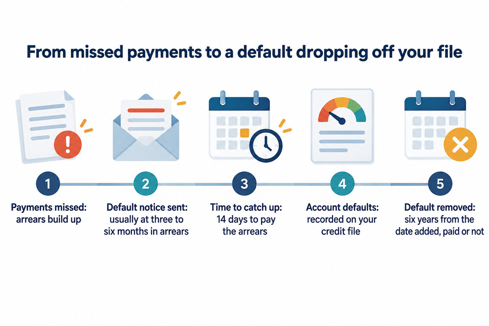 A timeline running from a first missed payment to a default dropping off a credit file six years later