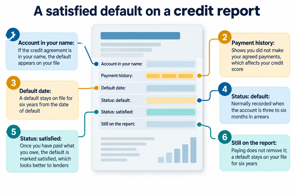 An example of how a satisfied default entry appears on a credit report