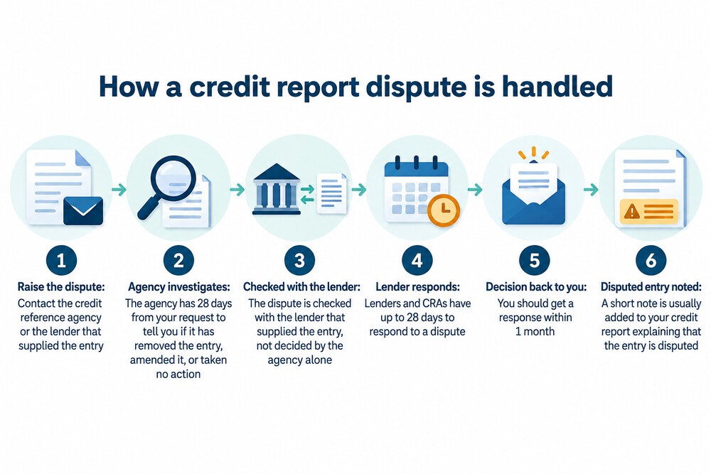 A credit report dispute moving from the consumer to the agency and on to the lender, then back with a decision