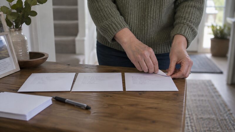 Hands seal the last of three plain envelopes laid side by side on a table, with a pen and paper nearby.