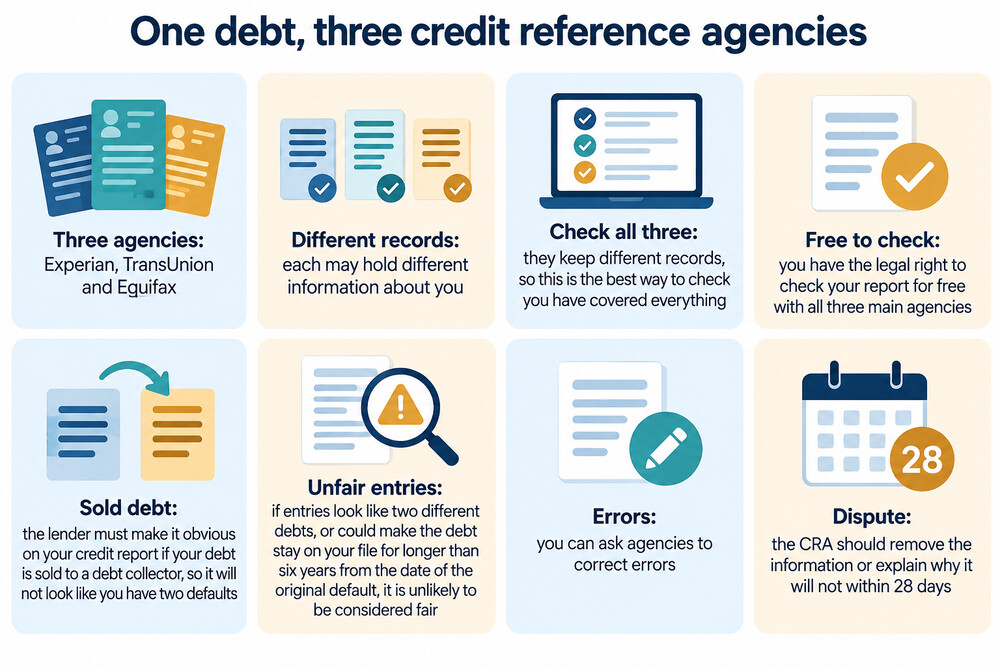 A diagram showing one debt reported to three separate credit reference agencies