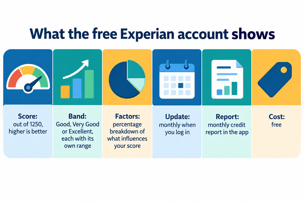 The Experian app's home screen showing a credit score and its band