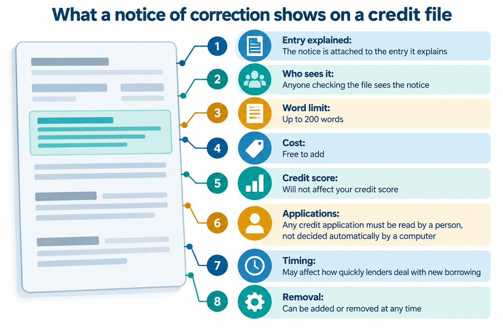 A notice of correction sitting alongside an entry on a credit report