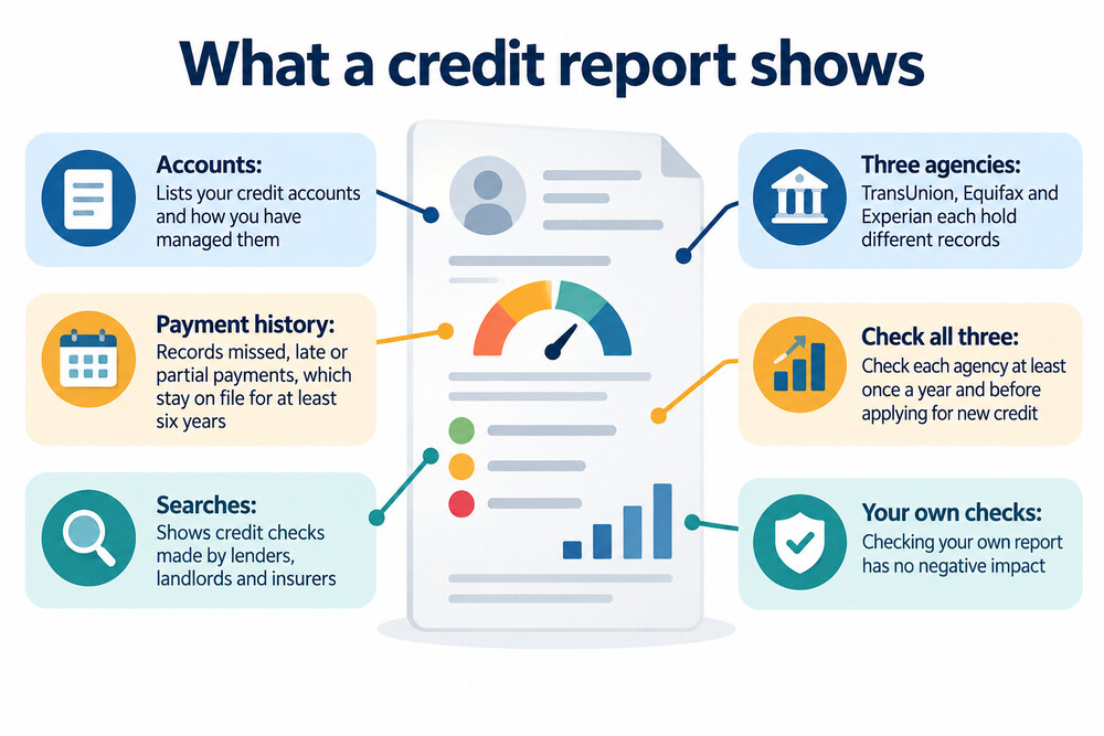 A credit report page showing account entries, payment history and search records