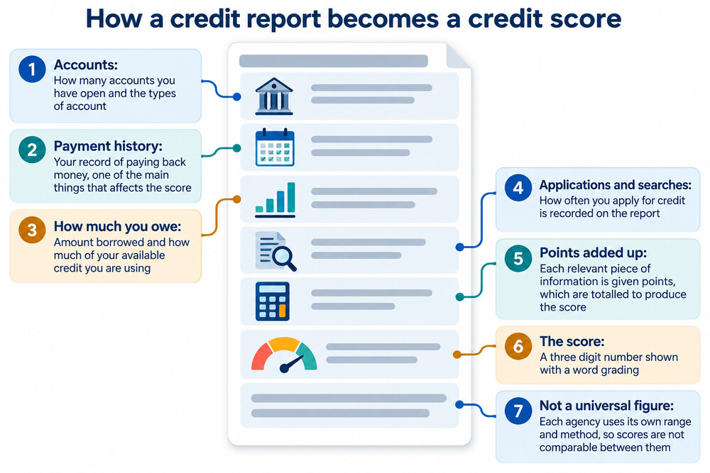 A credit report page next to a score dial showing a three digit number and a word grading