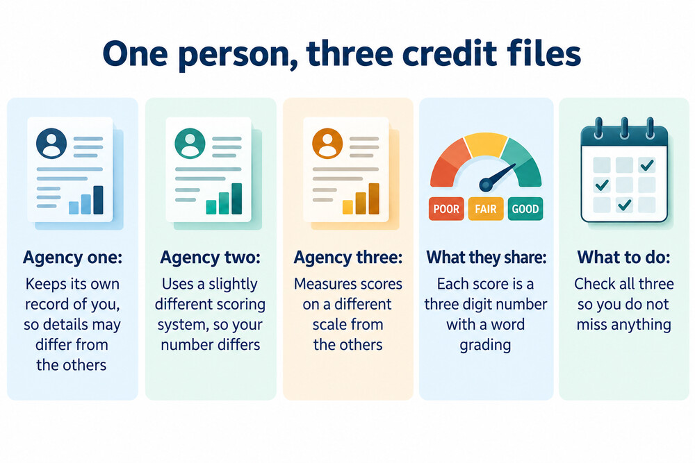 Three credit reports from different agencies shown side by side on a desk