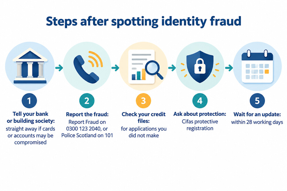 A flow showing the order of steps after spotting identity fraud: bank, police report, credit file check, fraud marker