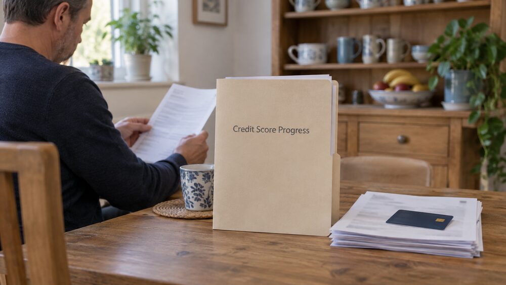 A living room partway through redecoration with a bank statement on a sideboard.