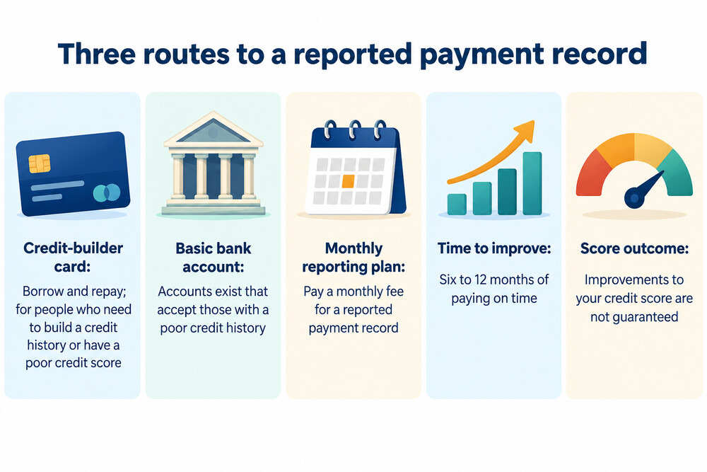 A side-by-side comparison of a credit-builder card, a basic bank account and a monthly reporting plan