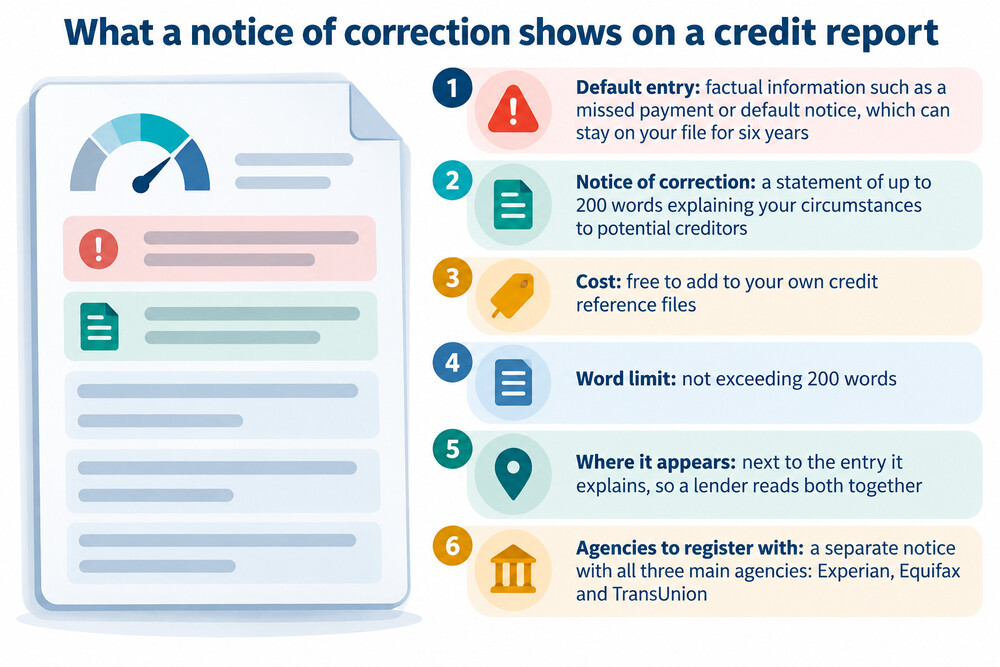 A credit report page showing a default entry with a short explanatory note displayed beneath it