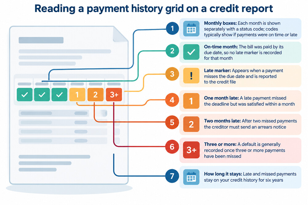 A credit report payment history grid showing monthly status codes