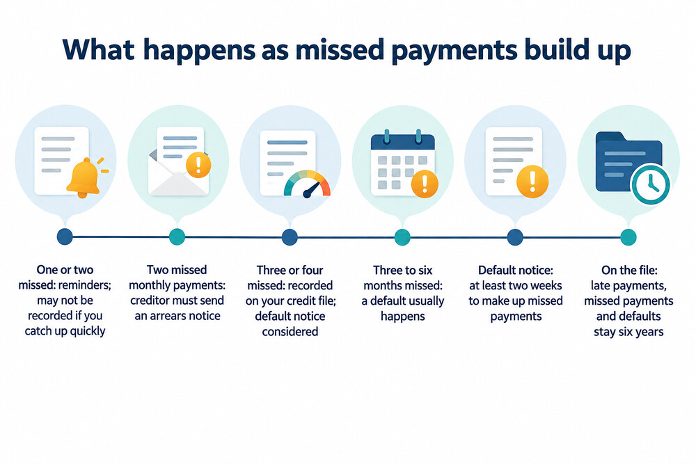How missed payments escalate from reminders to a default and a six-year record