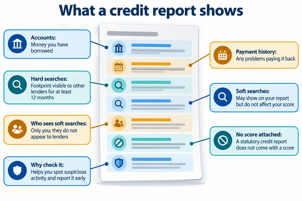 A sample credit report as shown by a monitoring service, with accounts and payment history