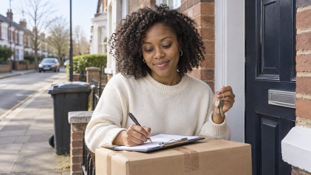 A woman writes on a clipboard on the doorstep of a house, keys in hand, a moving box beside her.