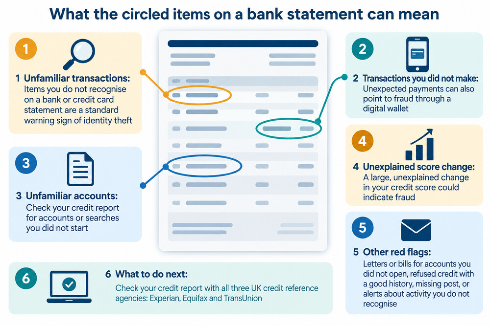 A bank statement with unfamiliar transactions circled