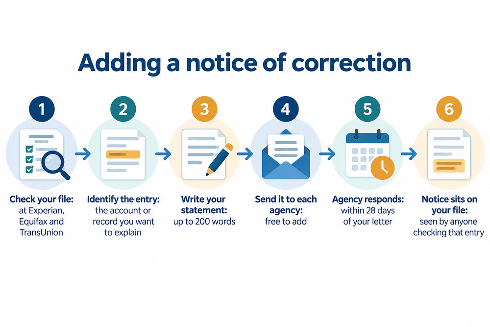 A flow of the steps to add a notice of correction, from checking your file to the notice appearing