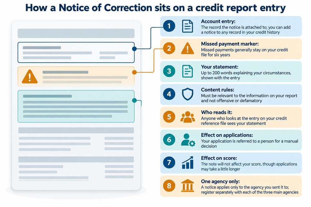 An example of a credit report entry with a notice of correction shown beside it