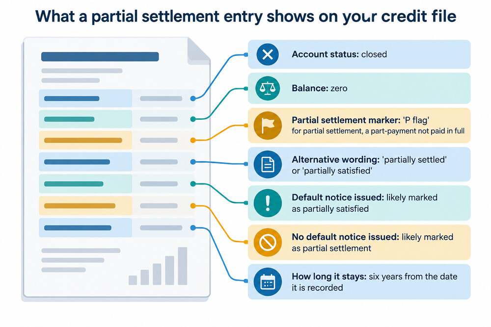 A credit report entry showing an account closed with a zero balance and a partial settlement marker