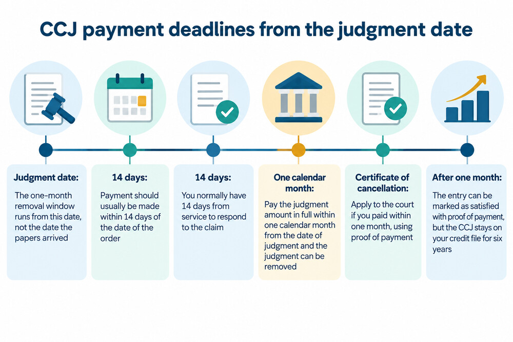 A calendar showing the judgment date, the 14-day payment window and the one-month removal deadline