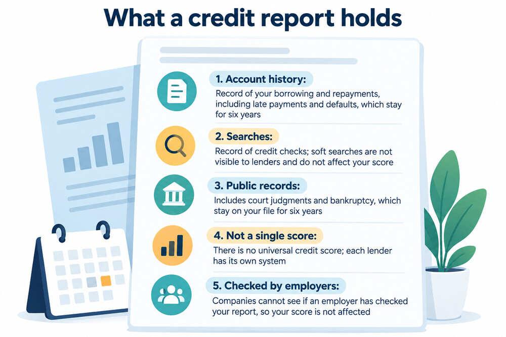 A credit report page showing account history, searches and public records