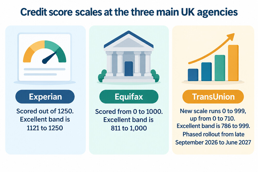 Three dials showing the same person's score at Experian, Equifax and TransUnion, each with a different maximum