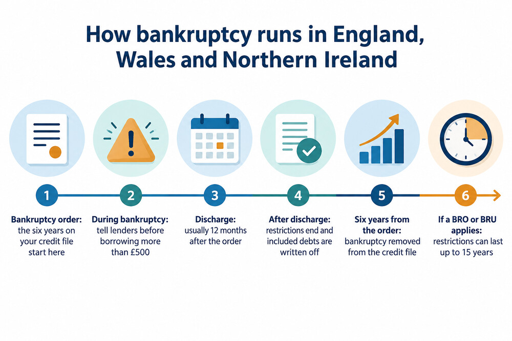 A timeline of bankruptcy from order to discharge to removal from the credit file