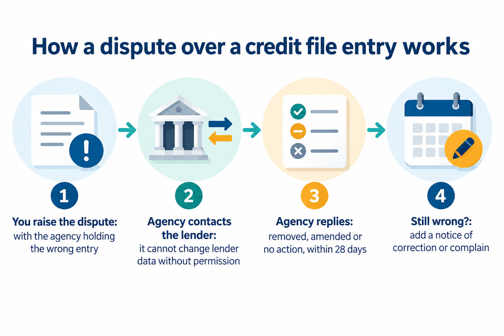 Diagram of a credit file dispute moving between you, the credit reference agency and the lender that reported the entry