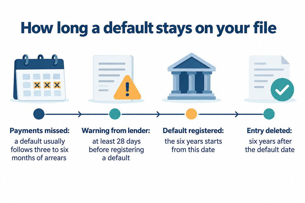 Timeline showing a missed payment, a default registered months later and the entry falling off the file six years after the default date