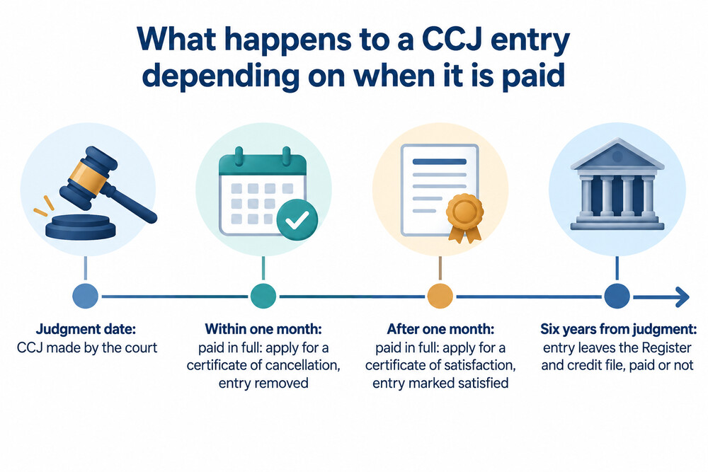 What happens to a CCJ entry depending on when it is paid