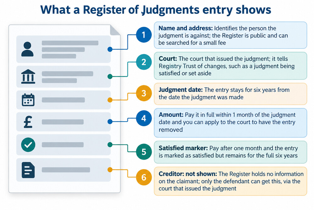 An example of what a TrustOnline search result looks like, showing a judgment entry with name, court, date and amount