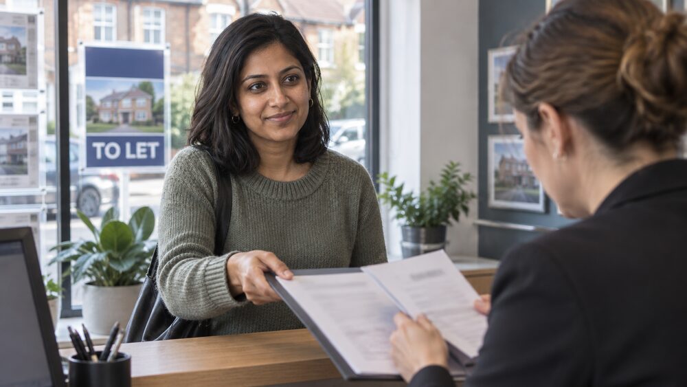 A woman hands a folder of payslips to a letting agent at a counter.