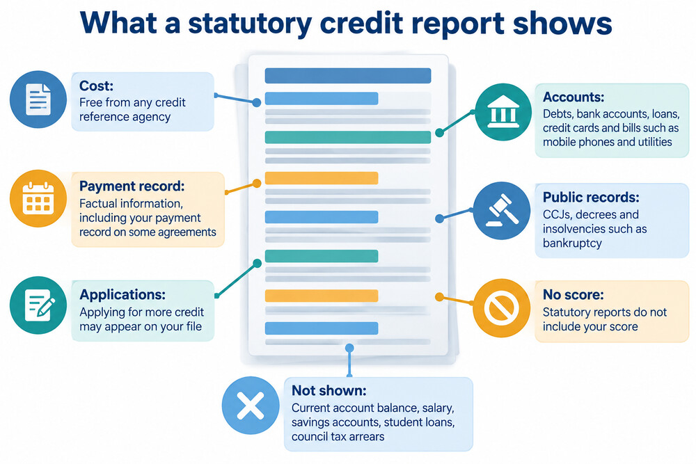 A sample statutory credit report showing accounts, payment history and public record entries