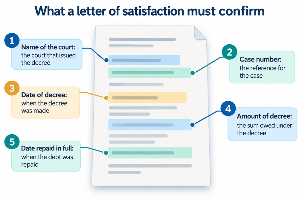 A letter of satisfaction from a pursuer showing the court name, case number, decree date, amount and repayment date