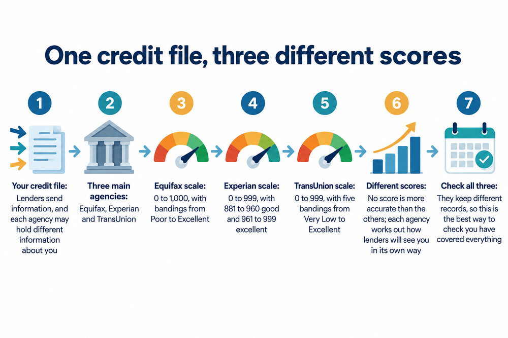 A diagram showing one person's credit file feeding into three separate agency scales, each producing a different number