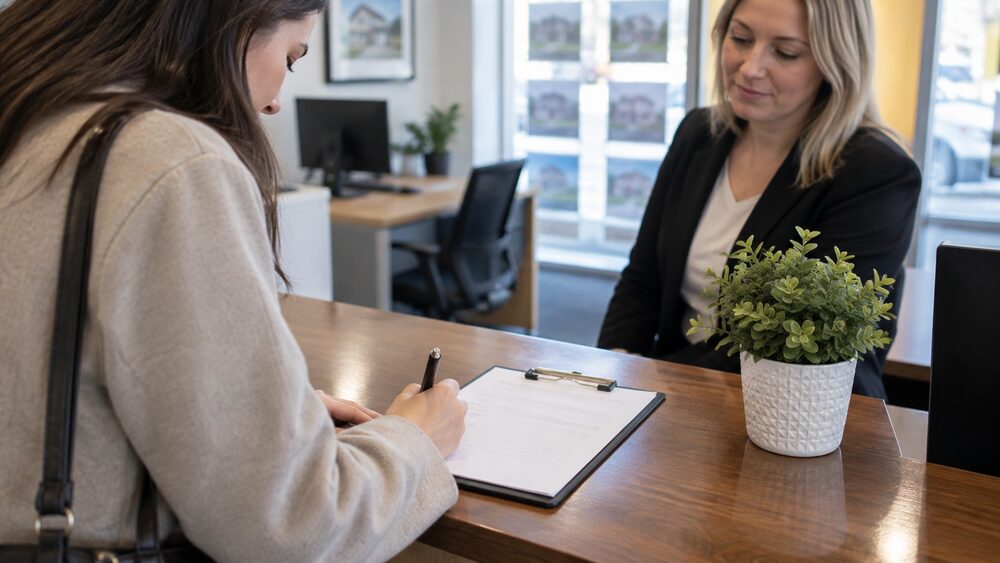 A clipboard with a blank form and pen on a letting agency counter.