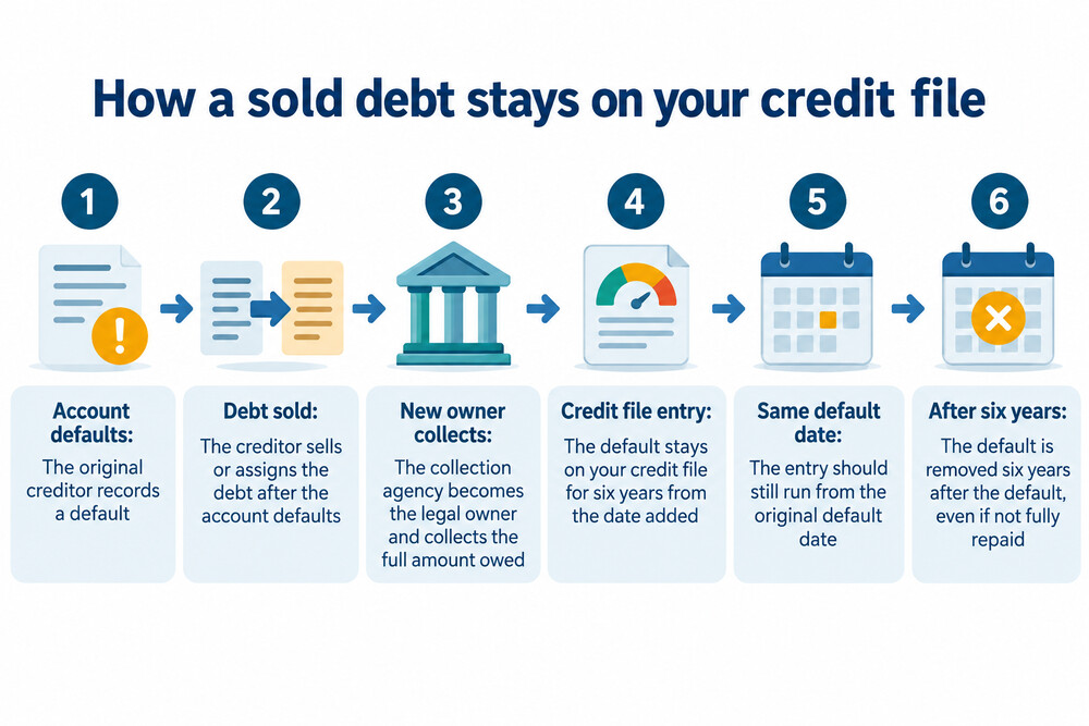 A flow showing a debt sold from the original creditor to a collection agency, with the credit file entry staying with the original default date