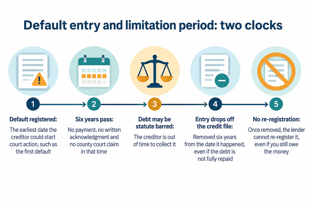 A timeline showing a default registered, six years passing, and the entry dropping off the credit file