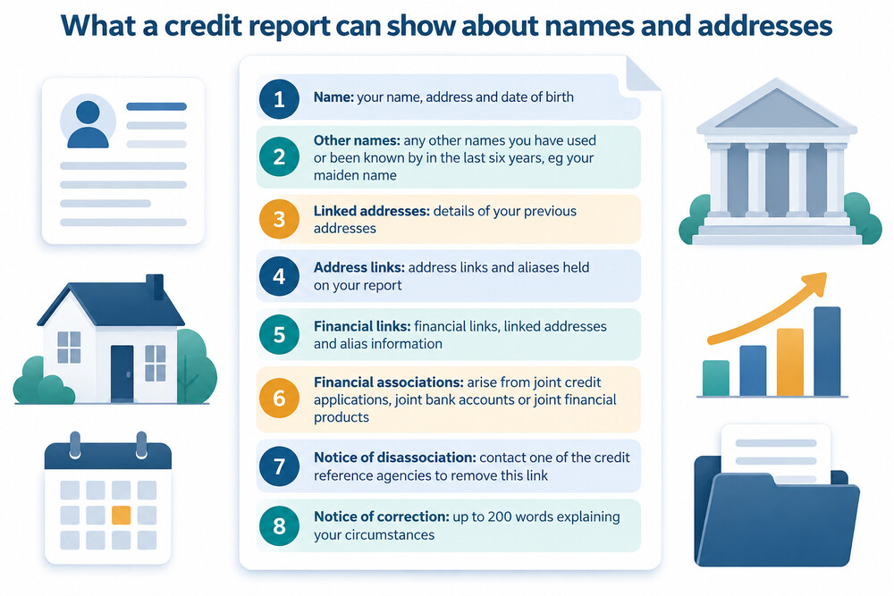 A credit report page showing a name, a linked address and an alias entry