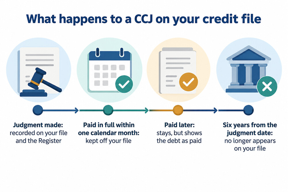 A timeline of a CCJ from the judgment date to leaving the credit file