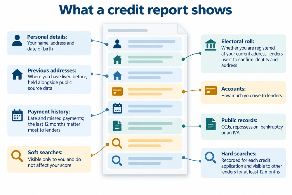 A credit report broken into its main sections, showing personal details, accounts, searches and public records