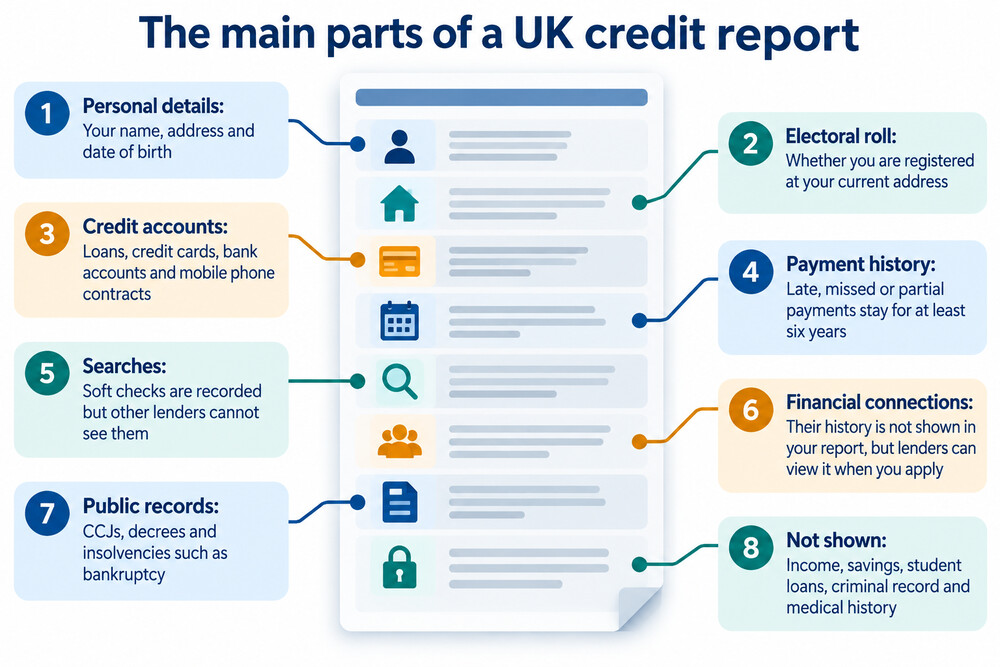 A credit report opened out, with each section labelled: personal details, accounts, payment history, searches, public records and fraud markers