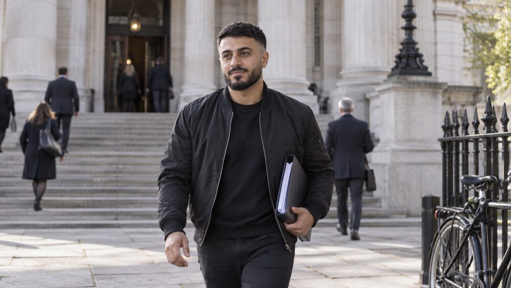 A young man carrying a document folder walks towards the steps of a columned county court.